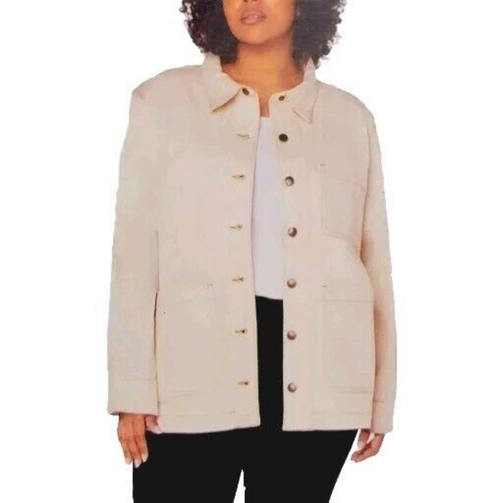 Well Worn Women's XL Denim Chore Jacket Comfort Stretch Heavyweight Ivory Cream